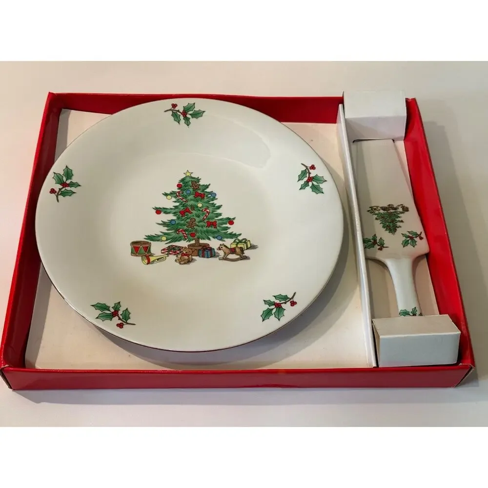 🎄 Holiday Hostess Christmas Tree 2 Piece Cake Plate Server Set Tianshan NOS Box